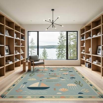 Blue Coastal Sailboats Area Rug