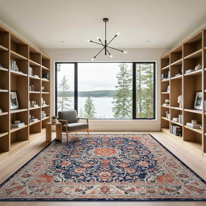 Distressed Blue Floral Medallion Area Rug