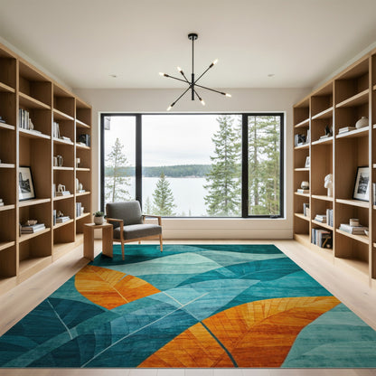 Teal Blue Abstract Leaf Area Rug