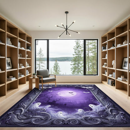 Spooky Purple Ghosts and Bats Halloween Rug