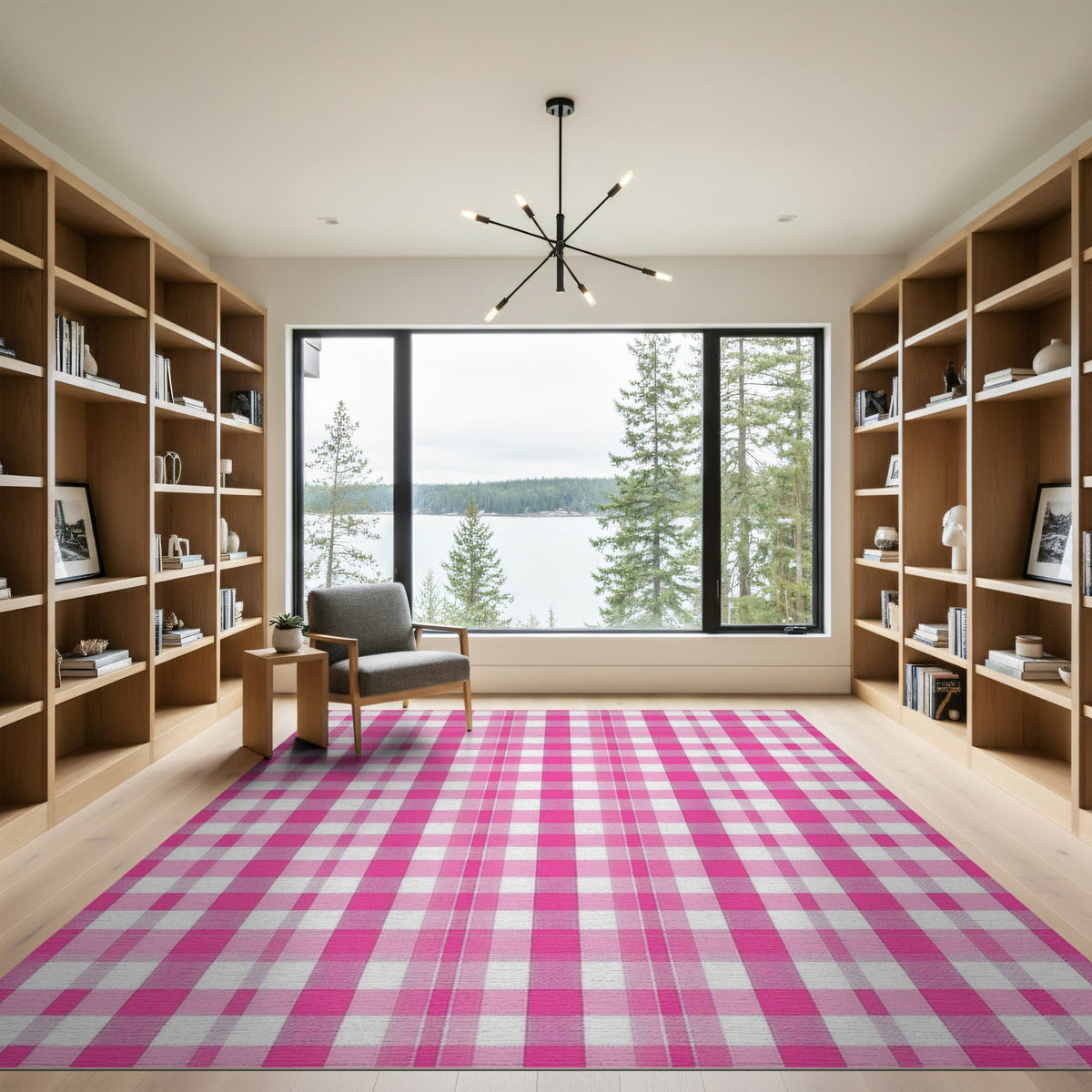 Pink Rustic Farmhouse Pink Gingham Check Washable Area Rug