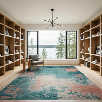 Distressed Teal Coral Leaf Area Rug
