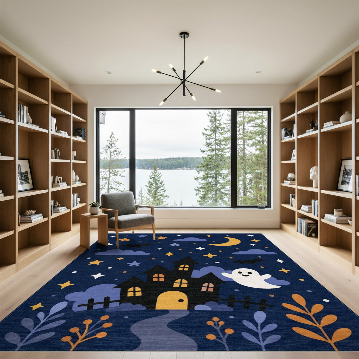 Spooky Ghost Haunted House Kids Cartoon Area Rug