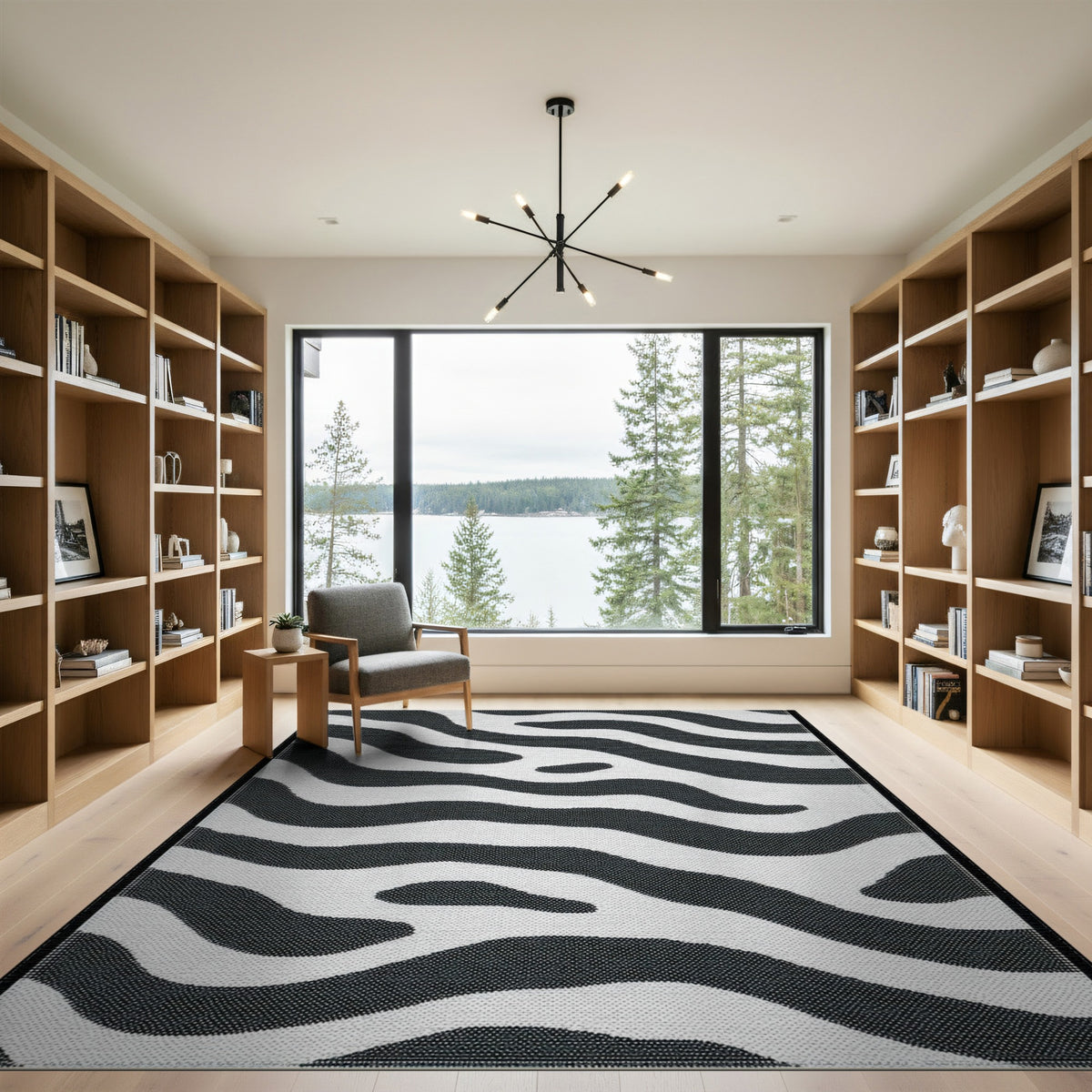 Black and White Geometric Modern Black White Wavy Stripe Area Rug