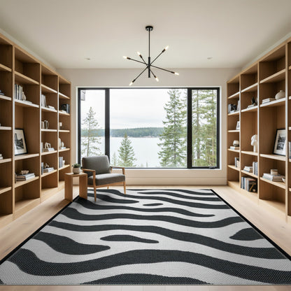 Black and White Geometric Modern Black White Wavy Stripe Area Rug