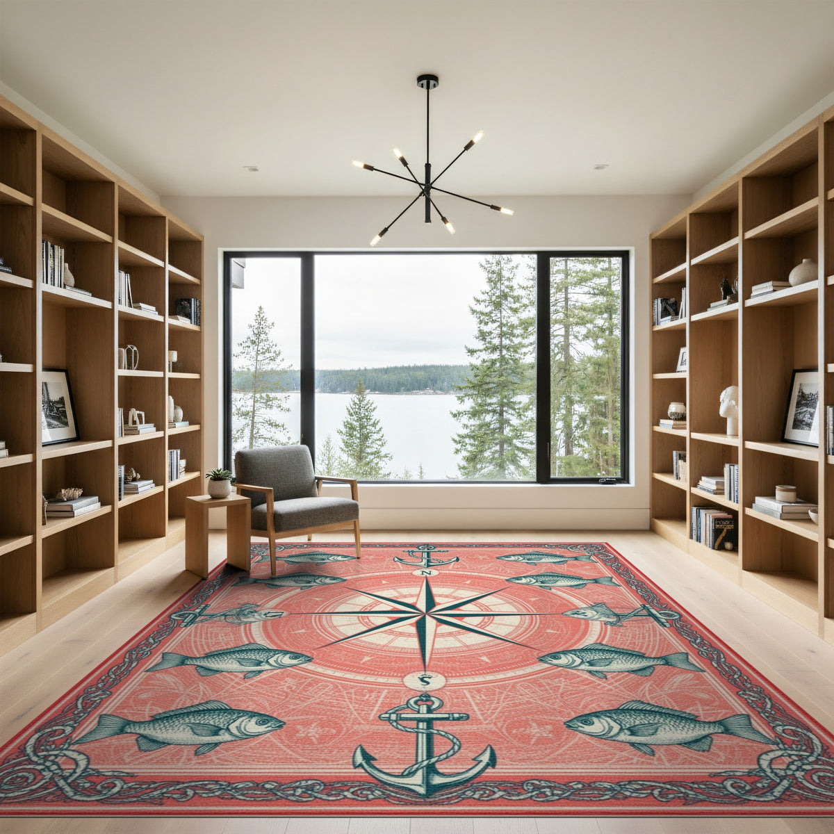 Coastal Beach Red Nautical Compass Anchor Area Rug