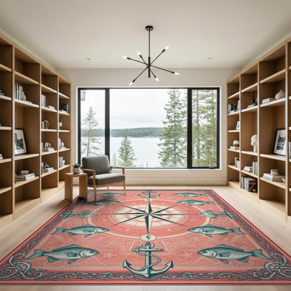 Coastal Beach Red Nautical Compass Anchor Area Rug