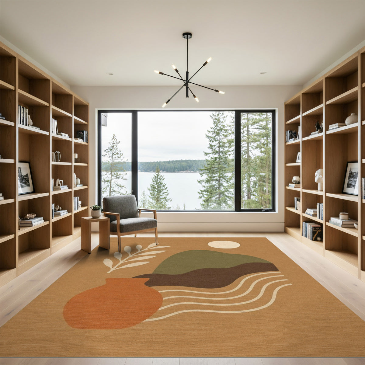 Abstract Earth Tone Area Rug with Terracotta Vase