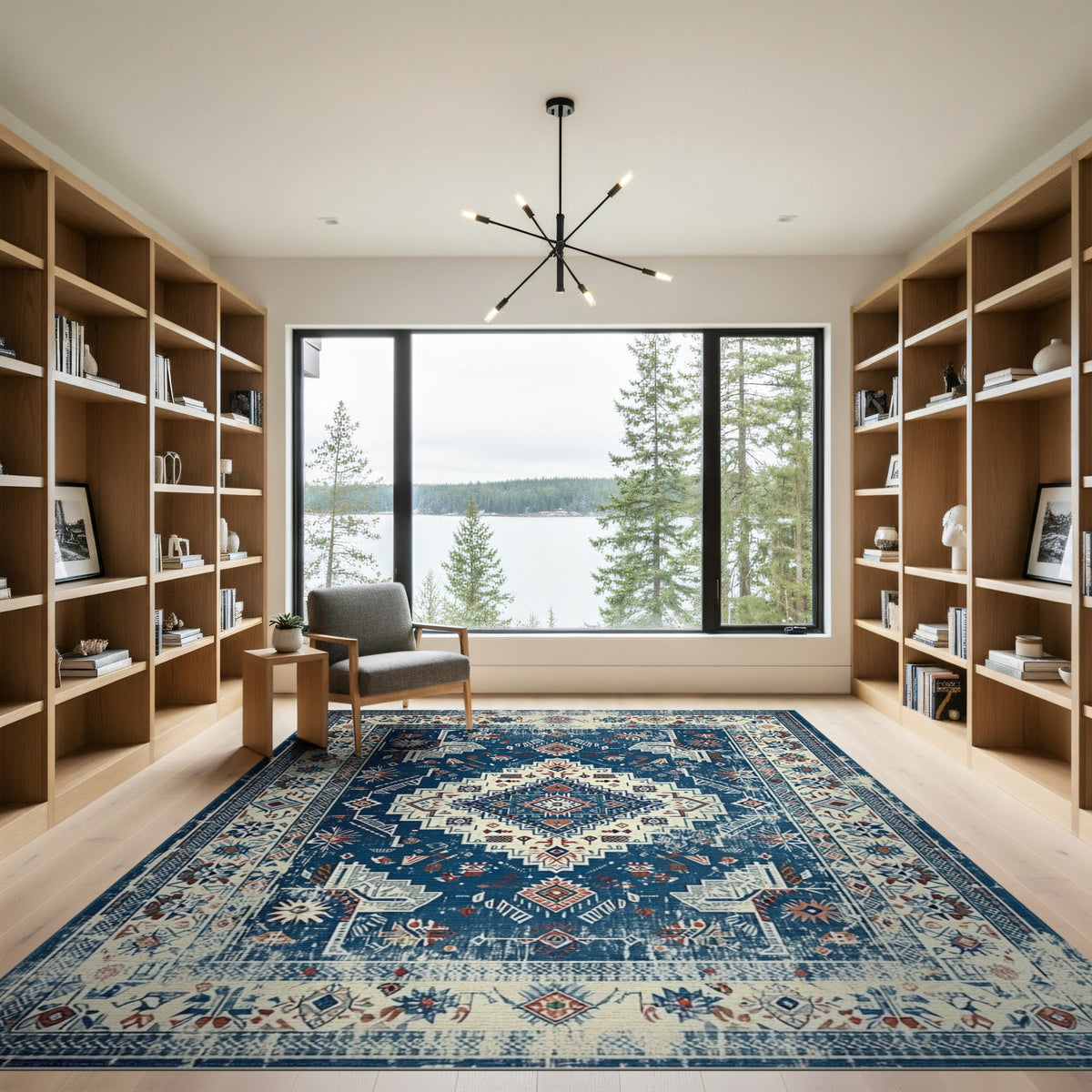 Blue and Teal Blue Distressed Tribal Area Rug