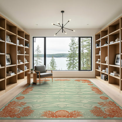 Teal Coastal Seashell Coral Area Rug