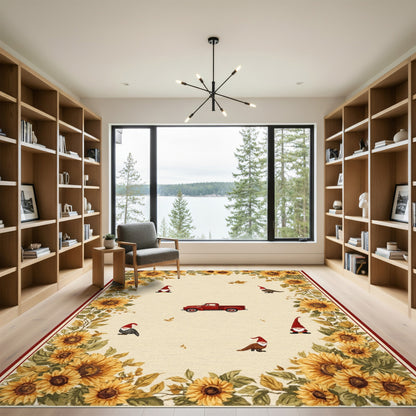 Sunflower Gnome Red Truck Beige Area Rug