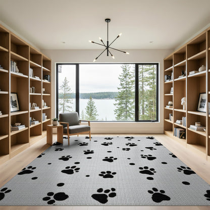 Black Paw Print Washable Kids Area Rug