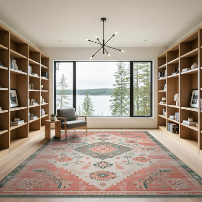 Coral Teal Floral Medallion Area Rug