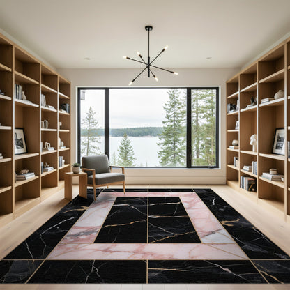 Pink Marble Geometric Frame Area Rug