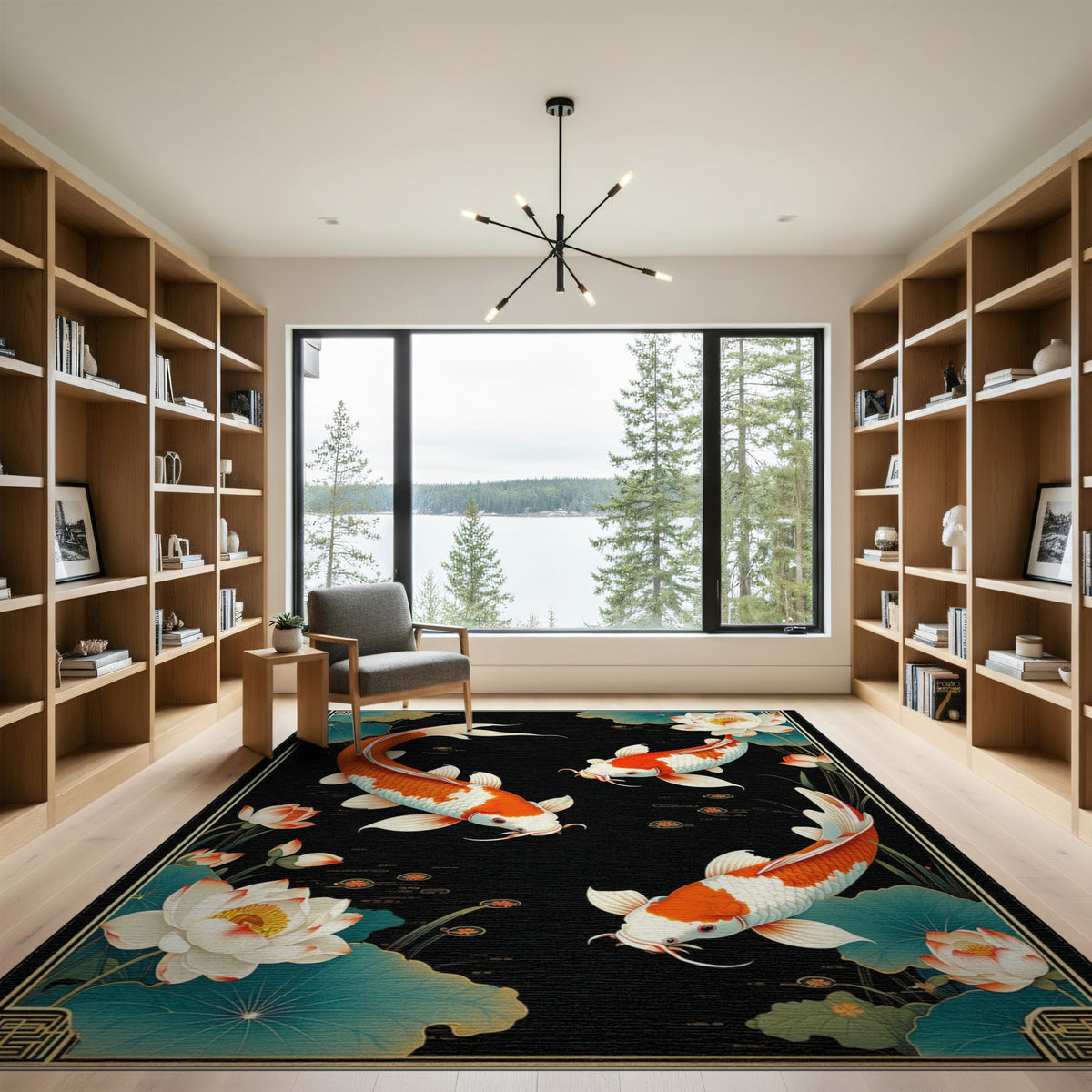 Multi-color and Patterns Koi Fish Lotus Black Area Rug