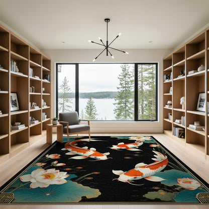 Multi-color and Patterns Koi Fish Lotus Black Area Rug
