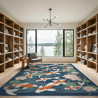 Blue Koi Lotus Pond Area Rug