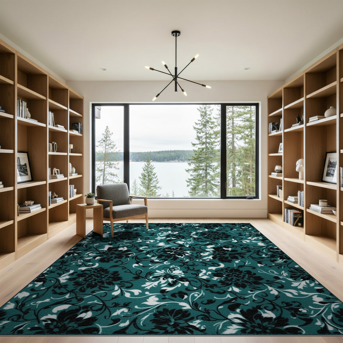 Teal Black Floral Vintage Area Rug