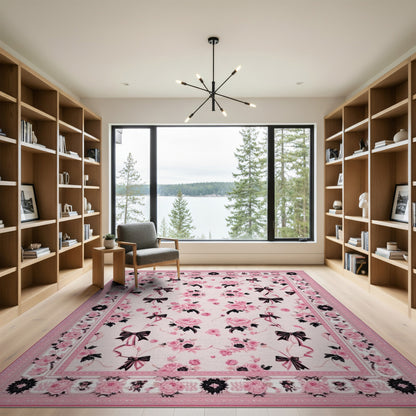 Pink Roses and Bows Floral Area Rug