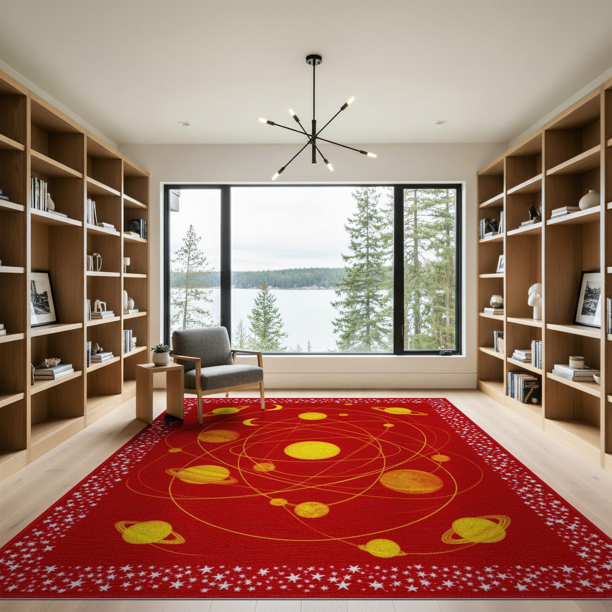 Red Solar System Area Rug with Yellow Planets
