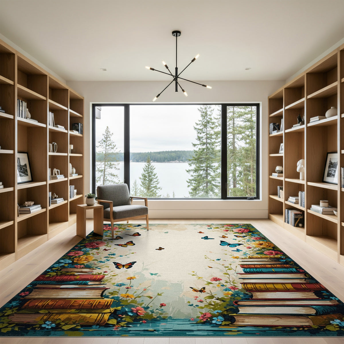 Vintage Floral Books Butterfly Area Rug
