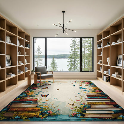 Vintage Floral Books Butterfly Area Rug