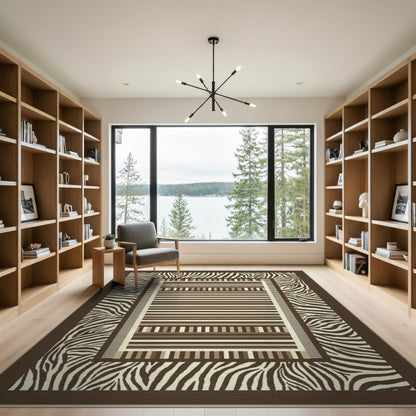 Brown Zebra Border Geometric Striped Area Rug