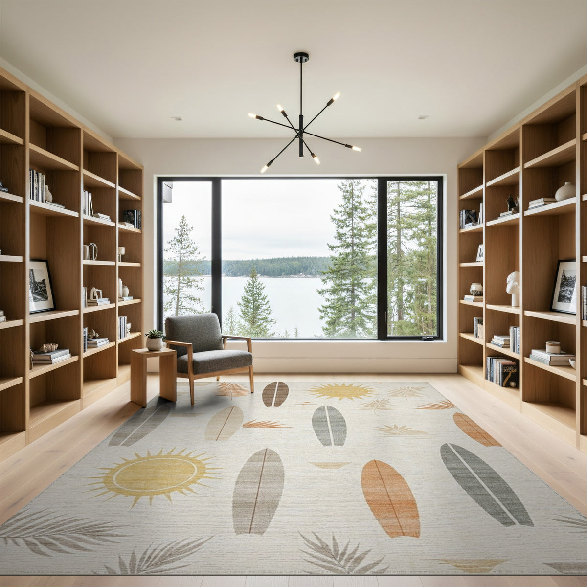 Coastal Surfboard Beige Washable Area Rug