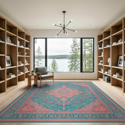 Blue and Teal Pink Persian Medallion Area Rug