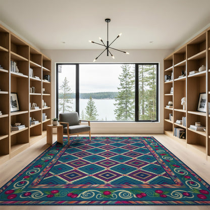 Cherry Border Teal Geometric Area Rug