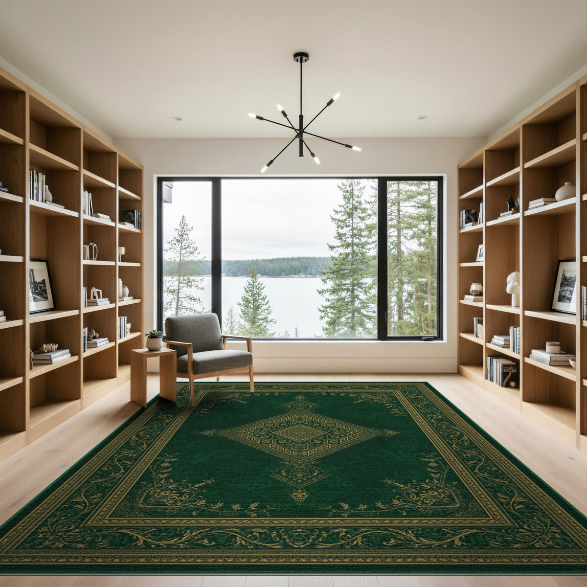 Green Persian Area Rug with Gold Medallion
