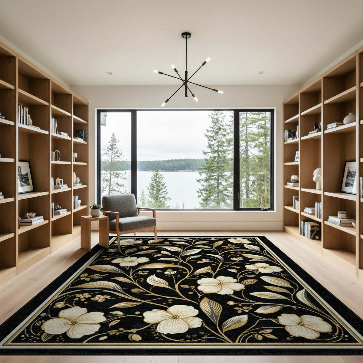 Black Floral Vintage Floral Vintage Area Rug