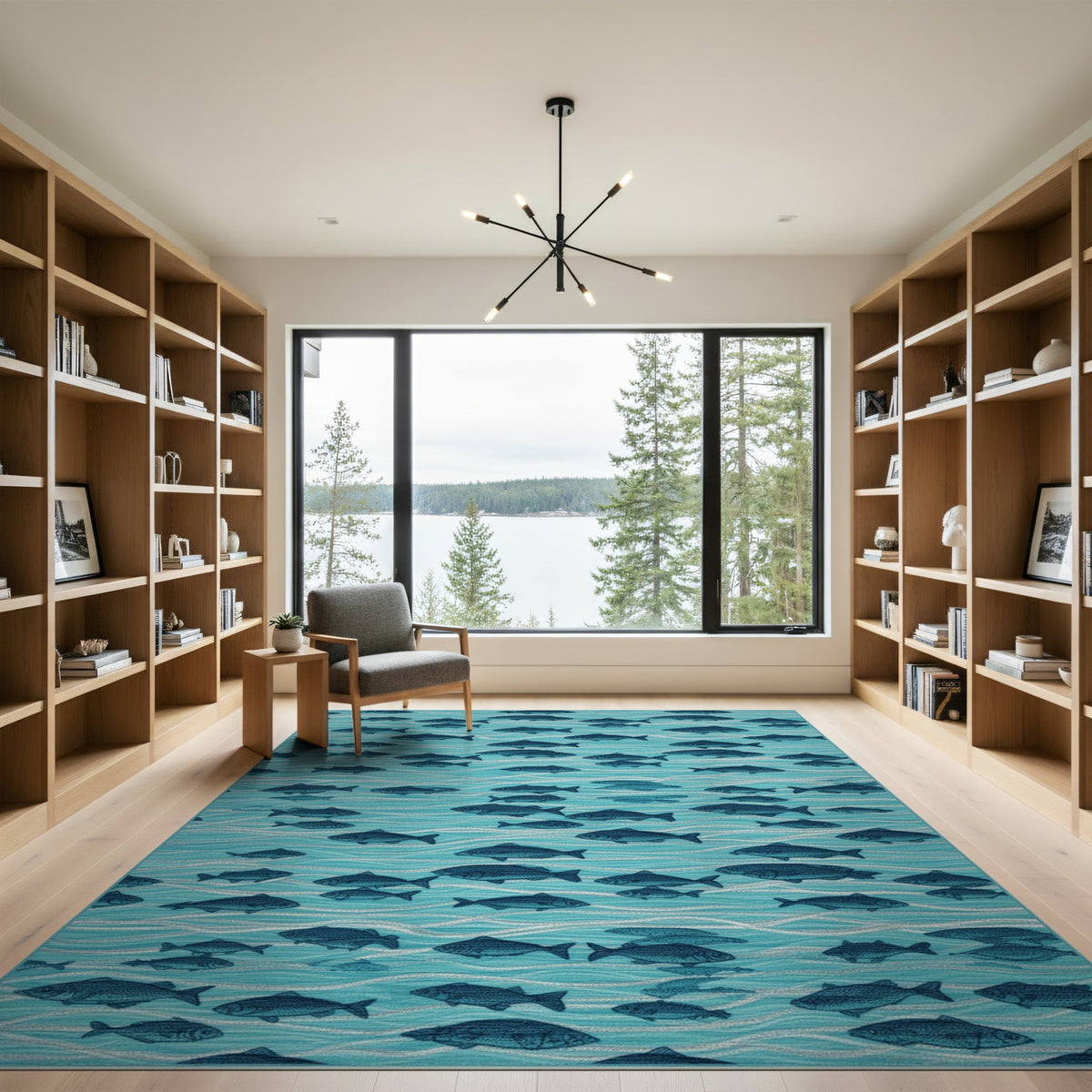 Blue Teal Fish Wave Coastal Area Rug