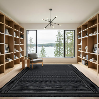 Black White Ornate Border Area Rug