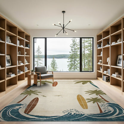 Coastal Beach Palm Tree Surfboard Beige Area Rug