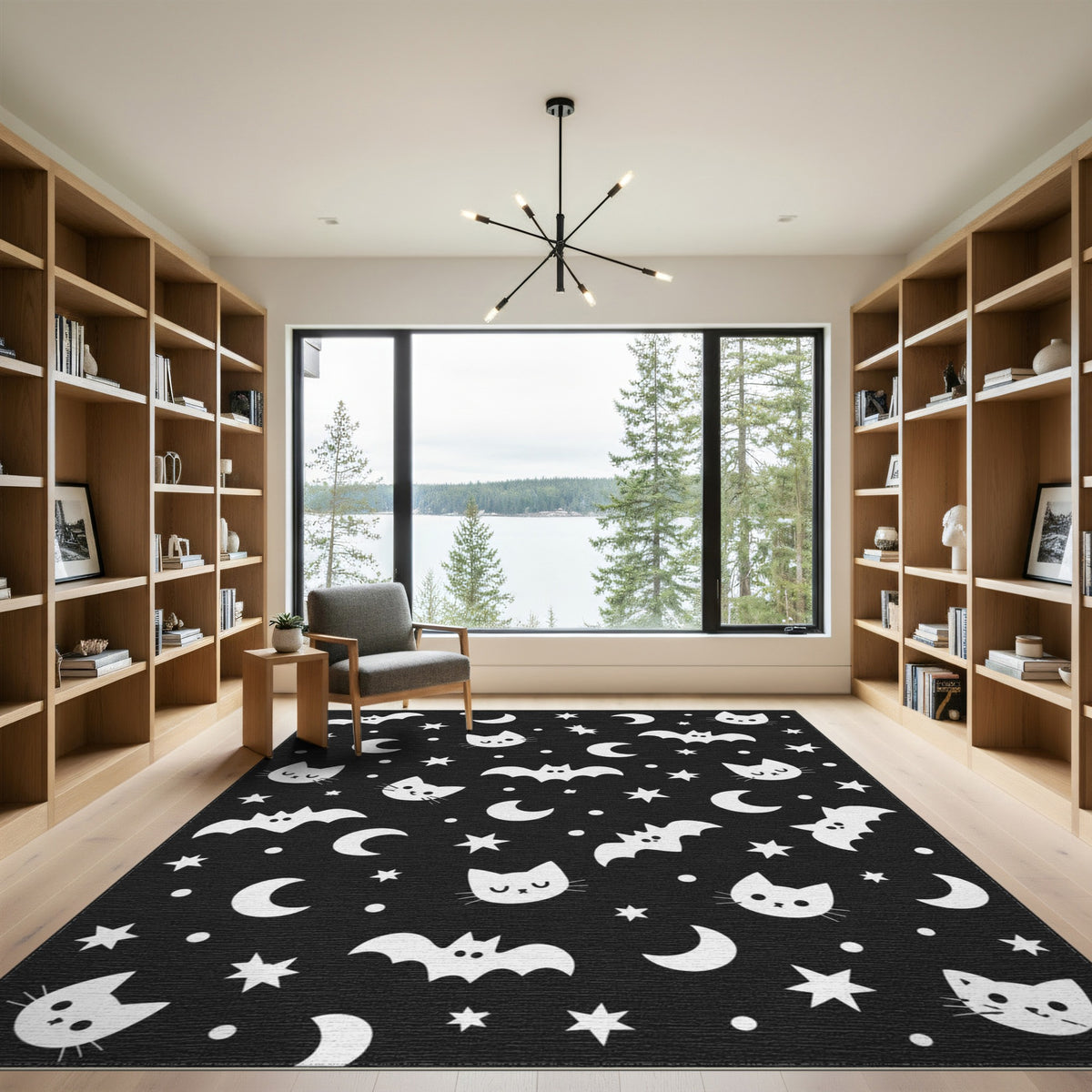 Black White Cats Bats Kids Area Rug