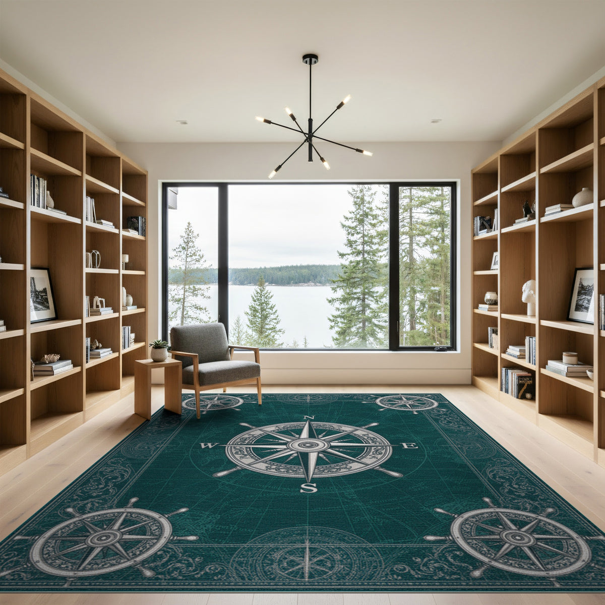 Vintage Nautical Compass Teal Area Rug