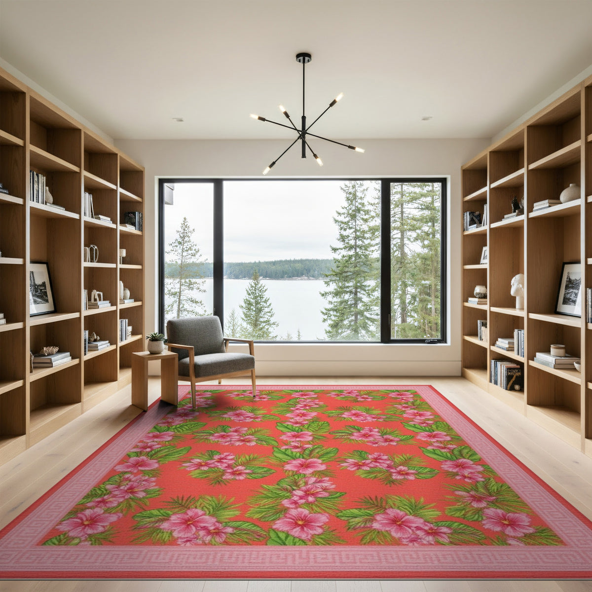 Red Pink Hibiscus Floral Vintage Area Rug
