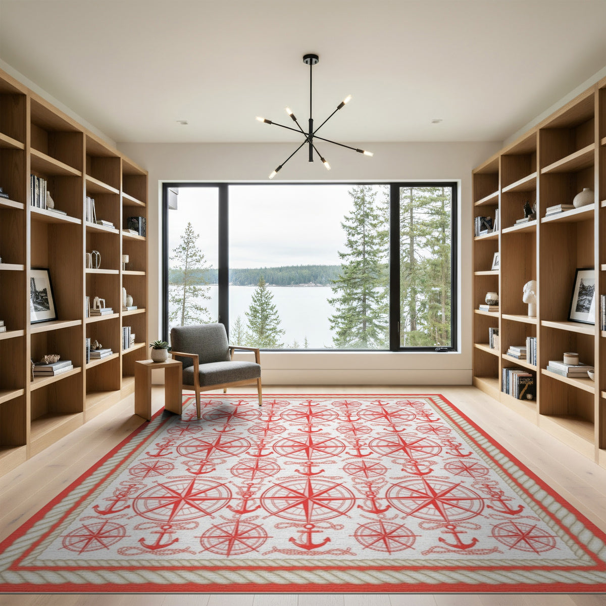 Coastal Beach Red Nautical Anchor Compass Area Rug