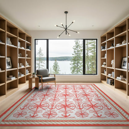 Coastal Beach Red Nautical Anchor Compass Area Rug