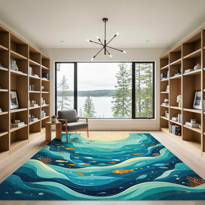 Ocean Wave Fish Blue Teal Area Rug