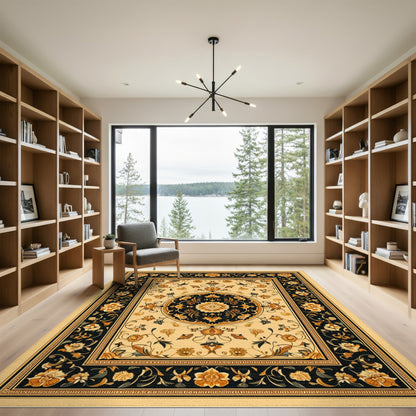 Black and Gold Persian Floral Medallion Rug