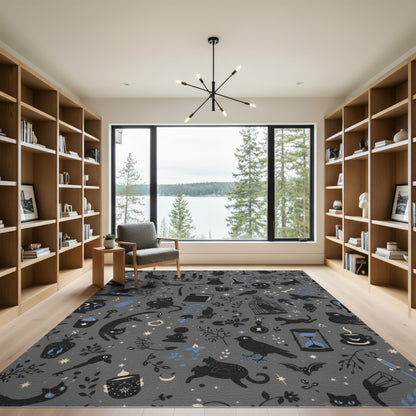 Mystical Black Cat Grey Washable Area Rug