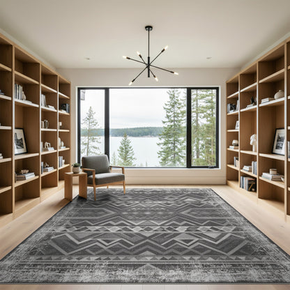 Distressed Black White Tribal Area Rug