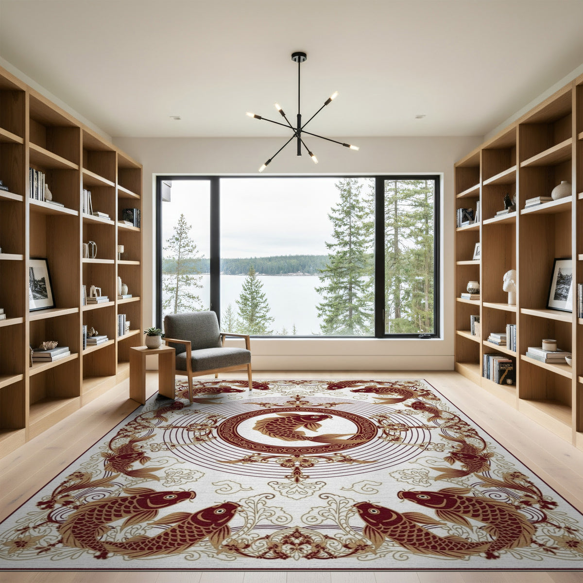 Koi Fish Medallion Brown Area Rug