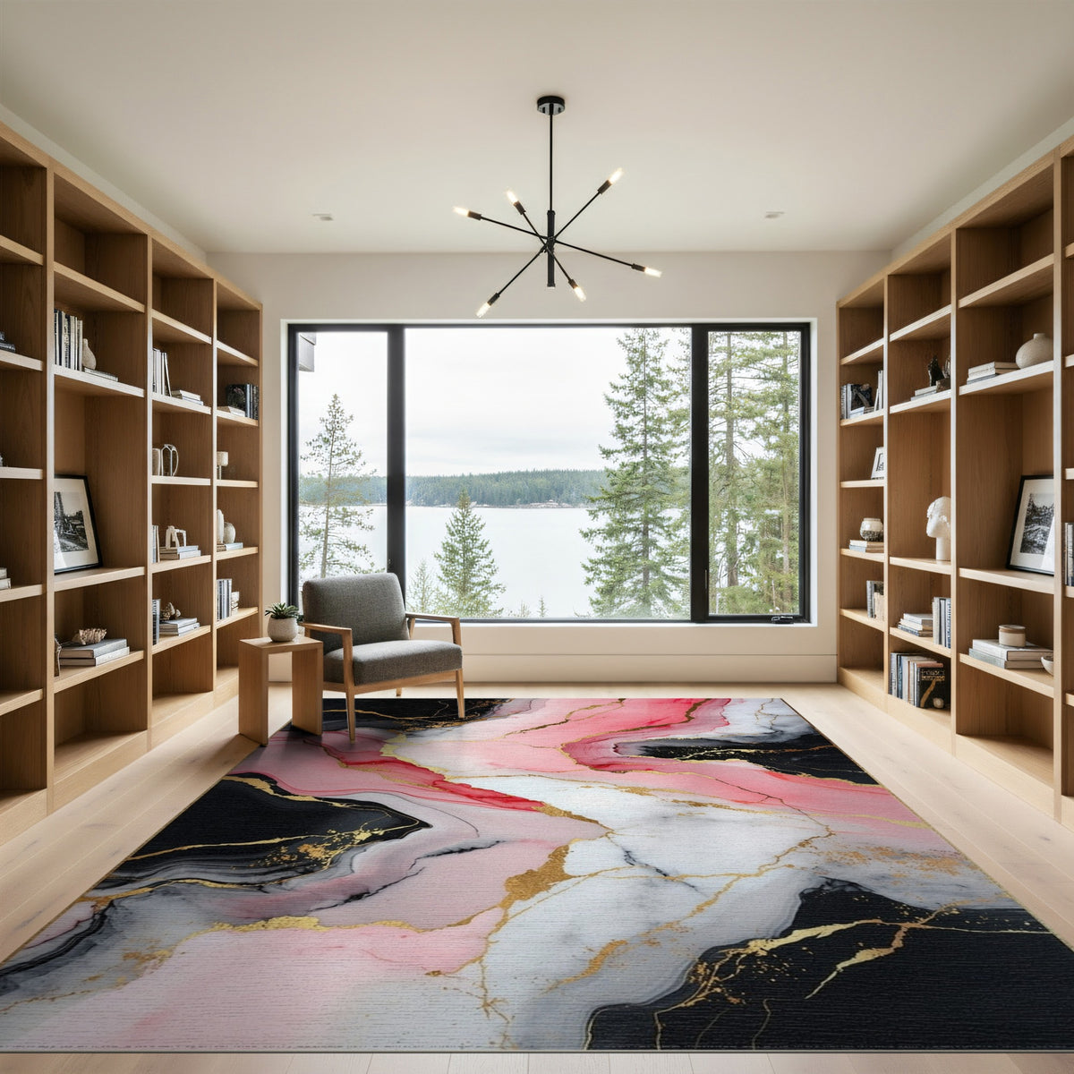 Pink Black Abstract Marble Area Rug with Gold Accents