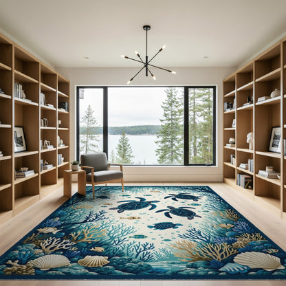 Blue and Teal Blue Teal Sea Turtle Coastal Area Rug