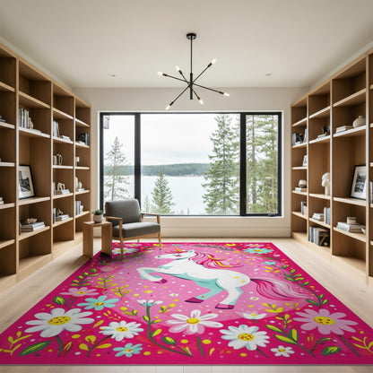 Pink Unicorn Floral Kids Area Rug