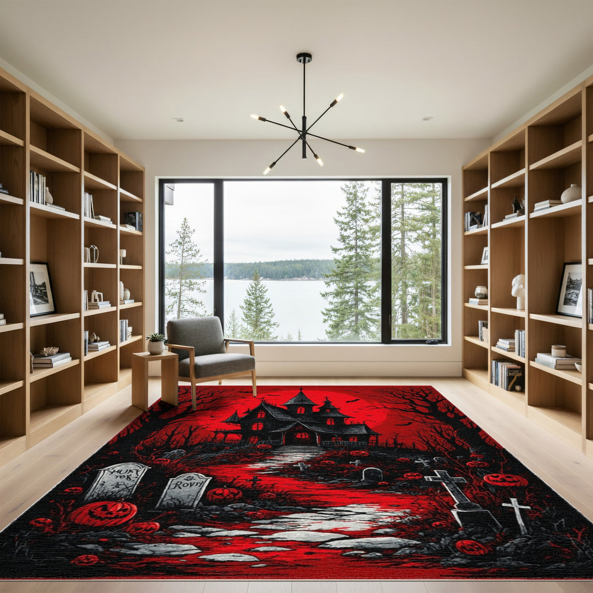 Red Haunted Mansion Halloween Area Rug