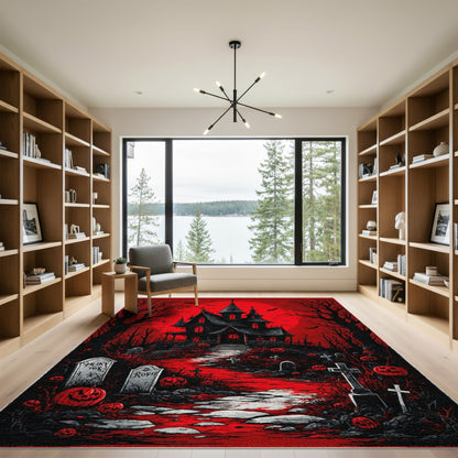 Red Haunted Mansion Halloween Area Rug